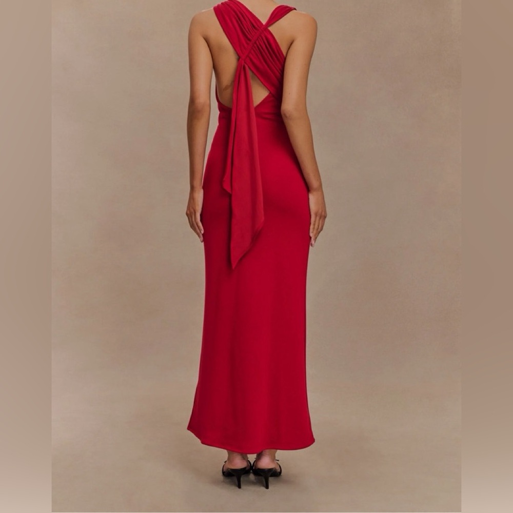Meshki Scarlet Red Open Back with Train Evening Gown